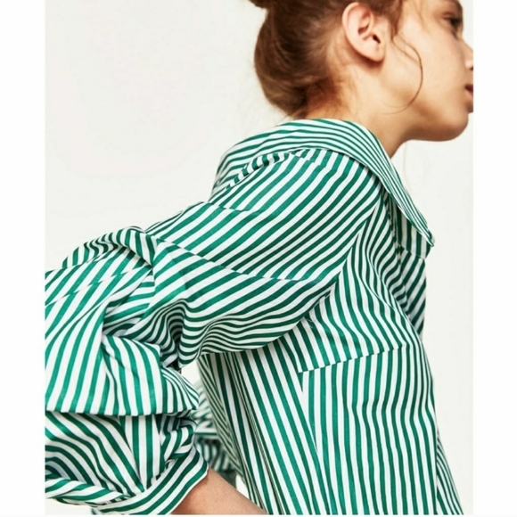 NWT Zara Green Striped Wide Open Neck Over the Shoulder Blouse Shirt puff Sleeve - Picture 7 of 16